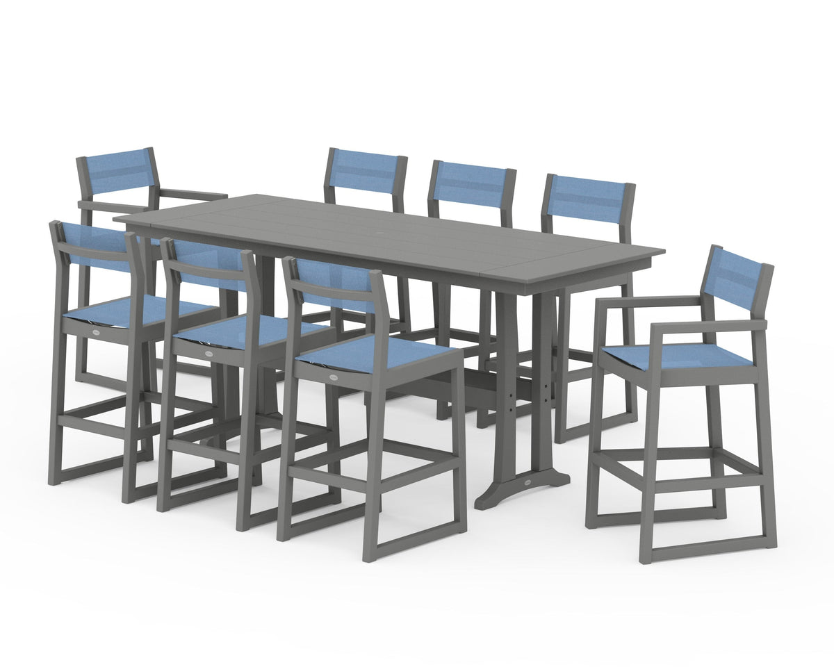 POLYWOOD EDGE Sling 9-Piece Farmhouse Bar Set with Trestle Legs in Slate Grey / Poolside