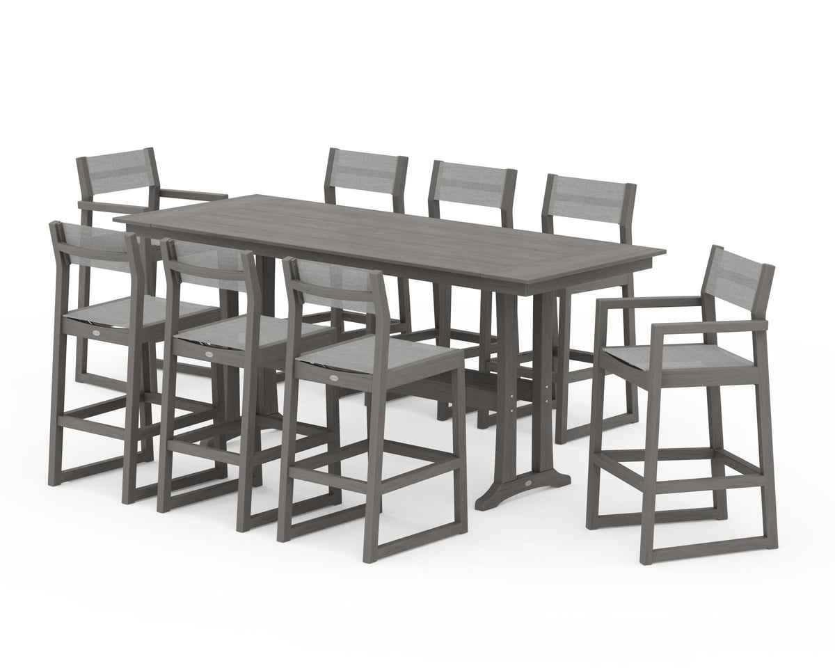 POLYWOOD EDGE Sling 9-Piece Farmhouse Bar Set with Trestle Legs in Driftwood / Metallic