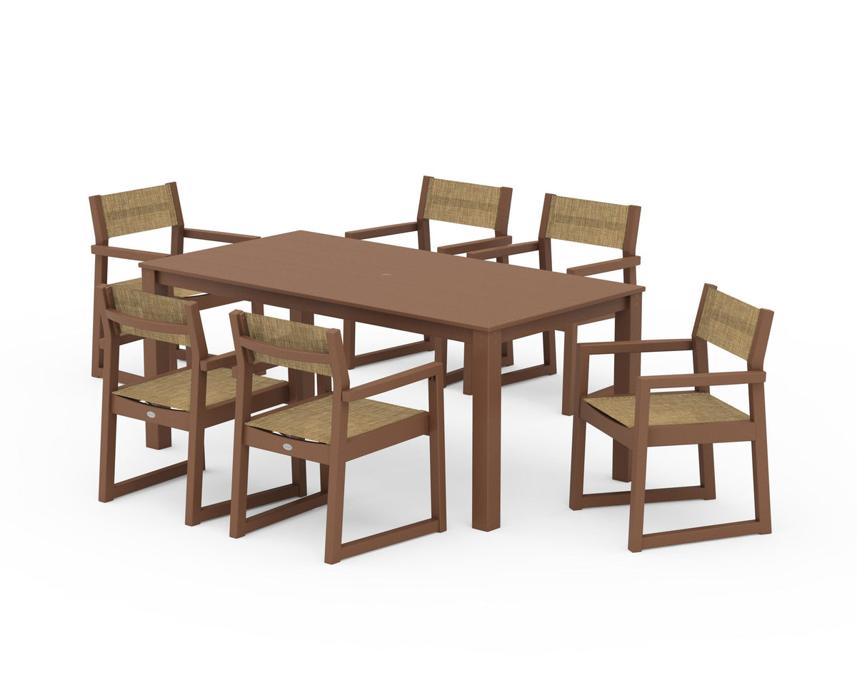 POLYWOOD EDGE Sling Arm Chair 7-Piece Parsons Dining Set in Teak / Burlap
