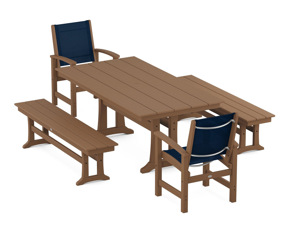 POLYWOOD Coastal 5-Piece Farmhouse Dining Set with Trestle Legs and Benches in Teak / Navy Blue