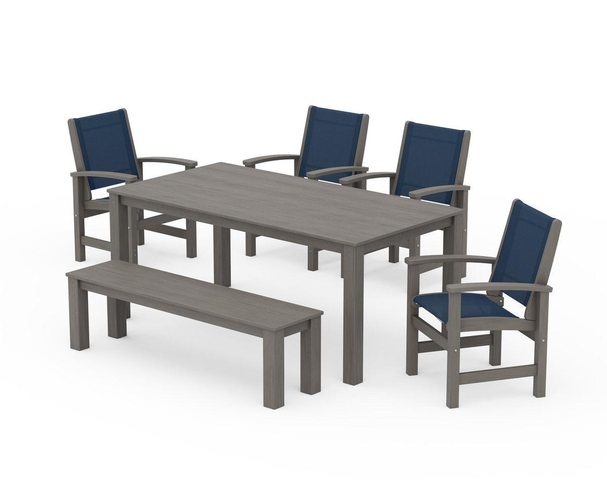 POLYWOOD Coastal 6-Piece Parsons Dining Set with Bench in Driftwood / Navy Blue
