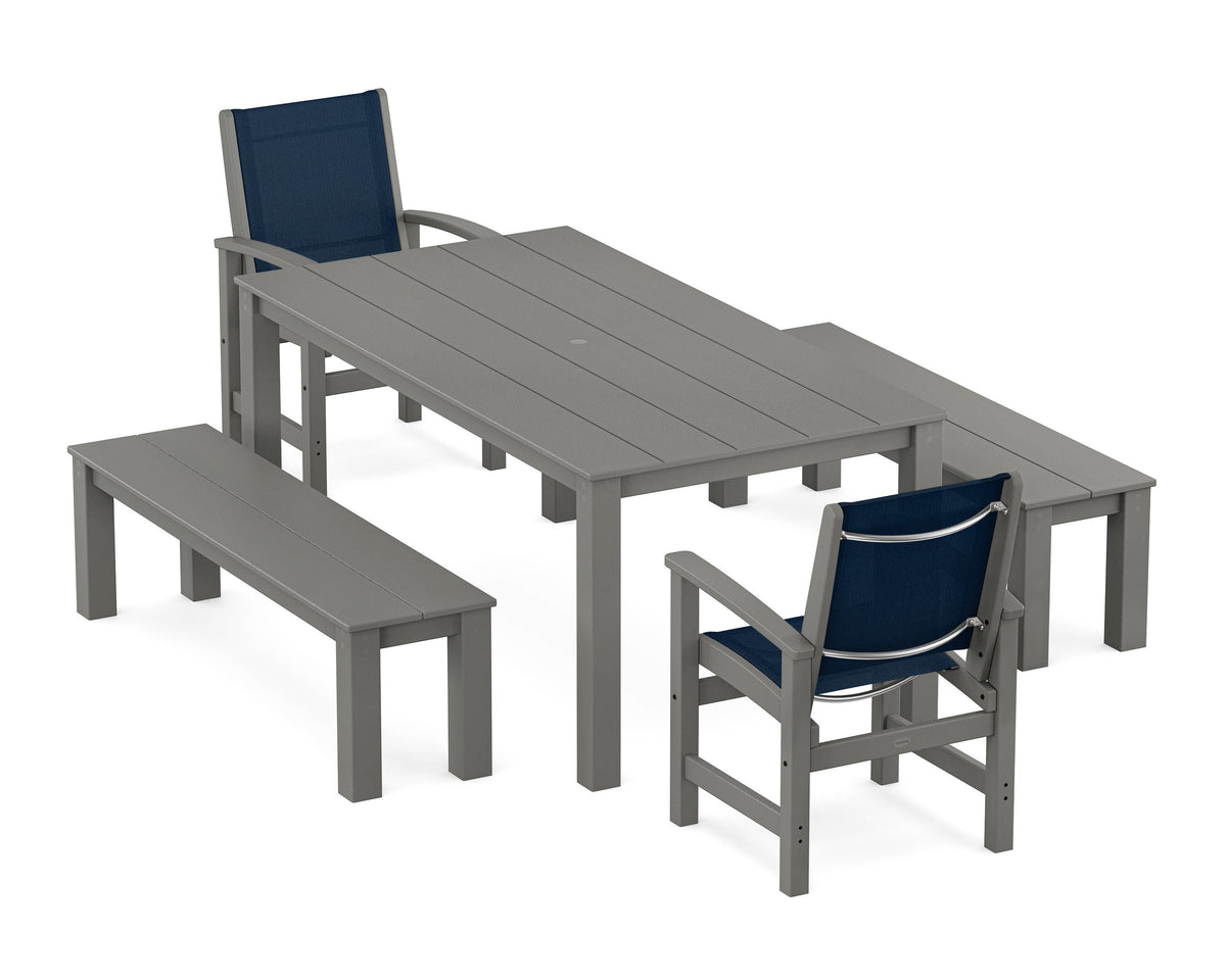 POLYWOOD Coastal 5-Piece Parsons Dining Set with Benches in Slate Grey / Navy Blue