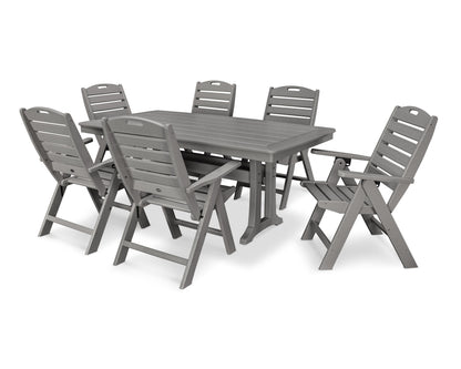 POLYWOOD Nautical Folding Highback Chair 7-Piece Dining Set with Trestle Legs in Slate Grey