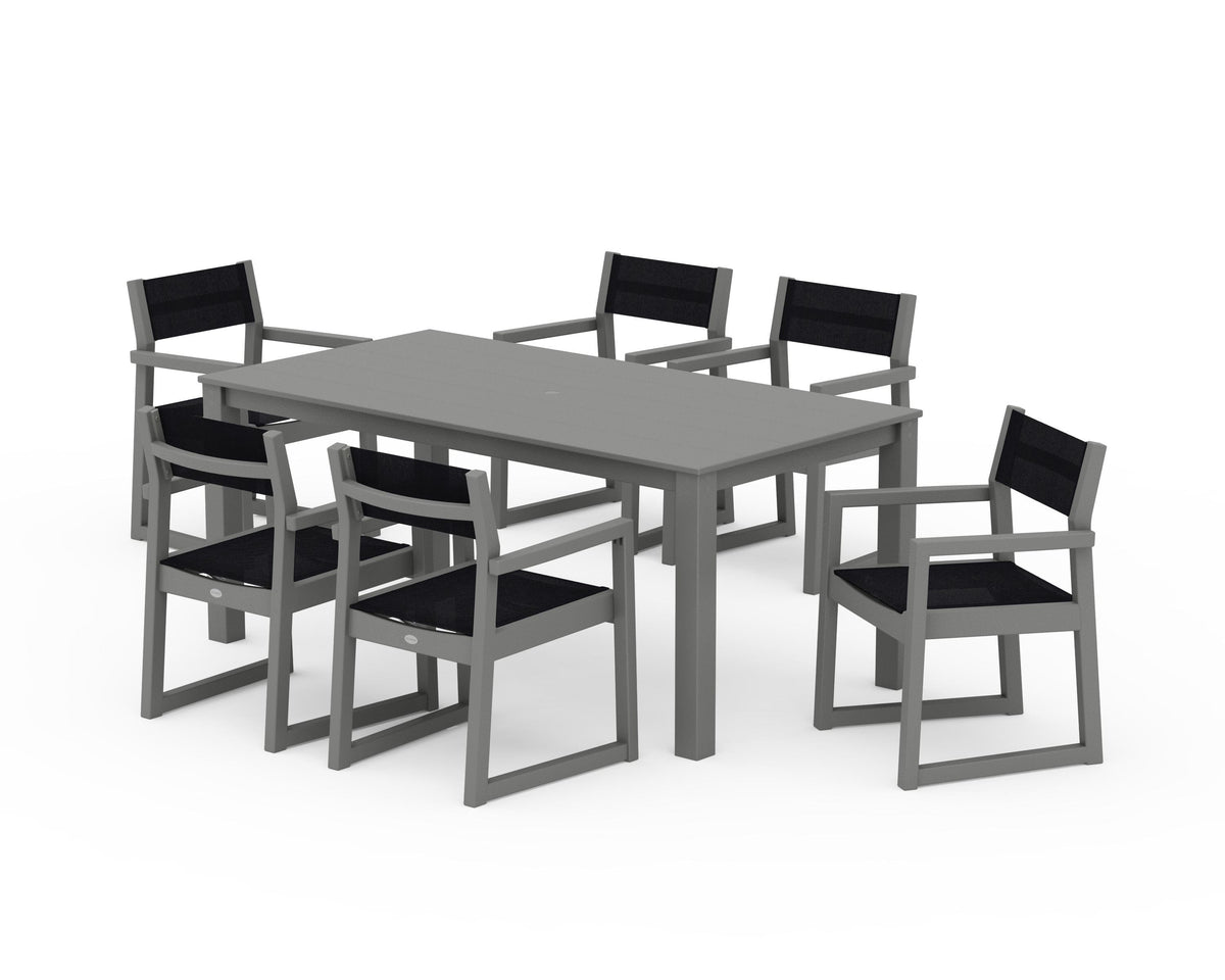 POLYWOOD EDGE Sling Arm Chair 7-Piece Parsons Dining Set in Slate Grey / Black
