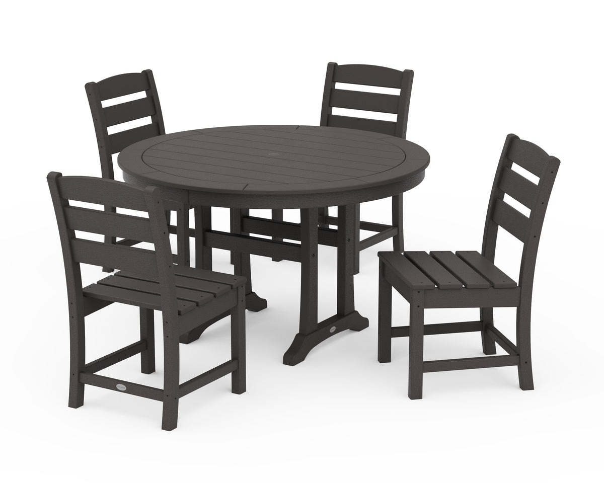 POLYWOOD Lakeside Side Chair 5-Piece Round Dining Set with Trestle Legs in Vintage Coffee