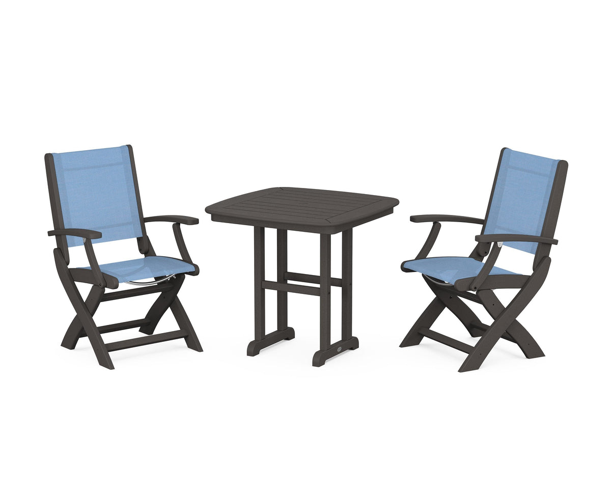 POLYWOOD Coastal Folding Chair 3-Piece Dining Set in Vintage Coffee / Poolside