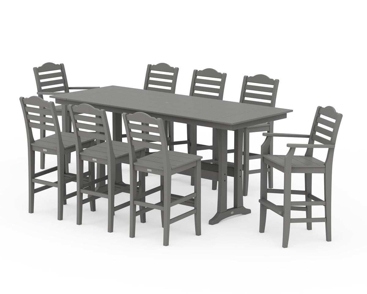 POLYWOOD Savannah 9-Piece Farmhouse Bar Set with Trestle Legs in Slate Grey