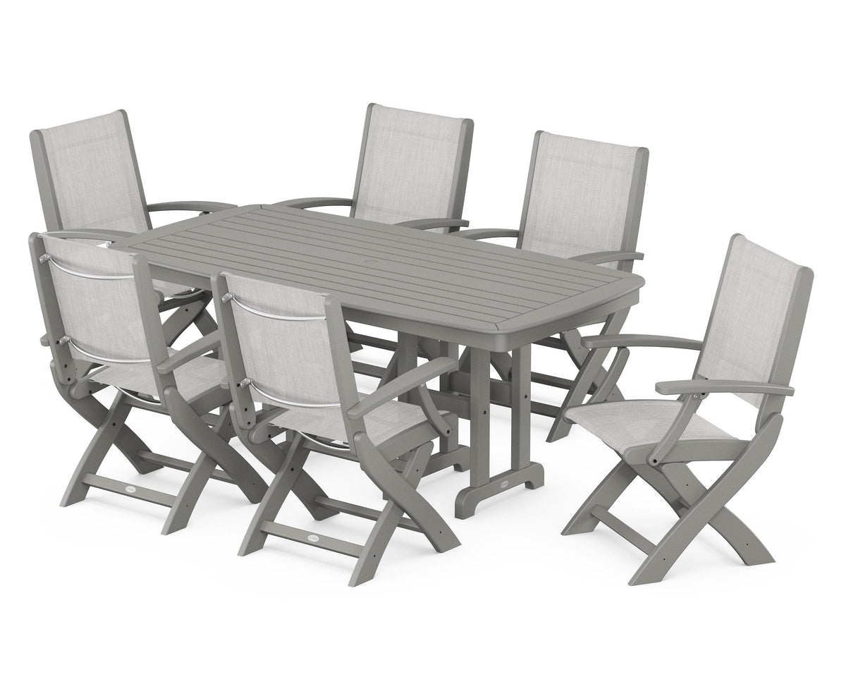 POLYWOOD Coastal Folding Arm Chair 7-Piece Dining Set in Slate Grey / Parchment