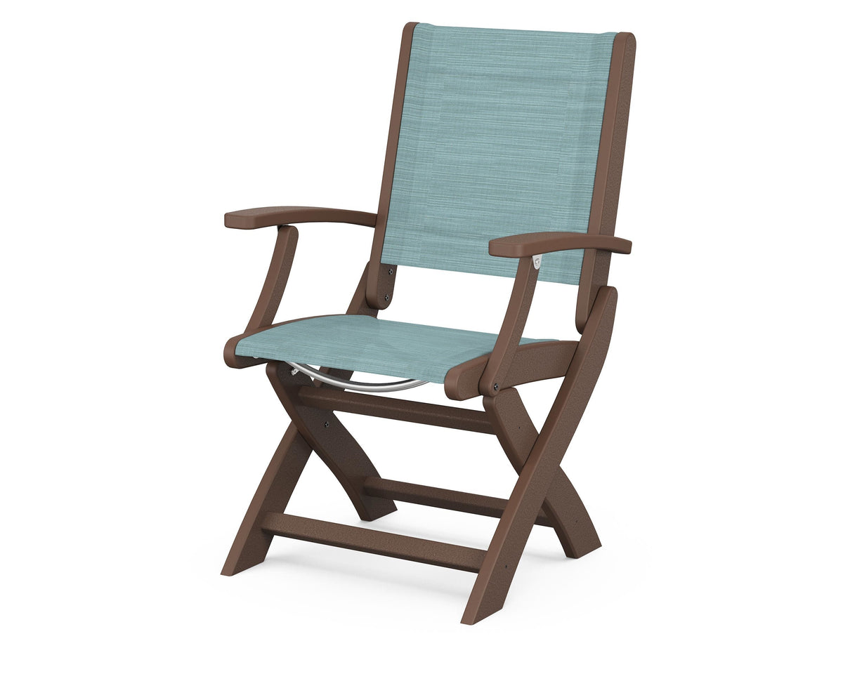 POLYWOOD Coastal Folding Chair in Mahogany with Mahogany arms and Dupioni Aquamarine sling