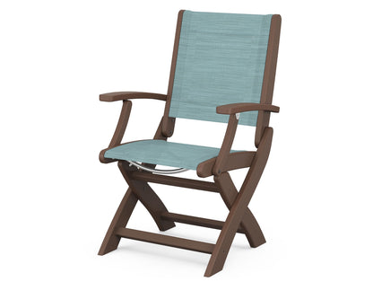 POLYWOOD Coastal Folding Chair in Mahogany with Mahogany arms and Dupioni Aquamarine sling