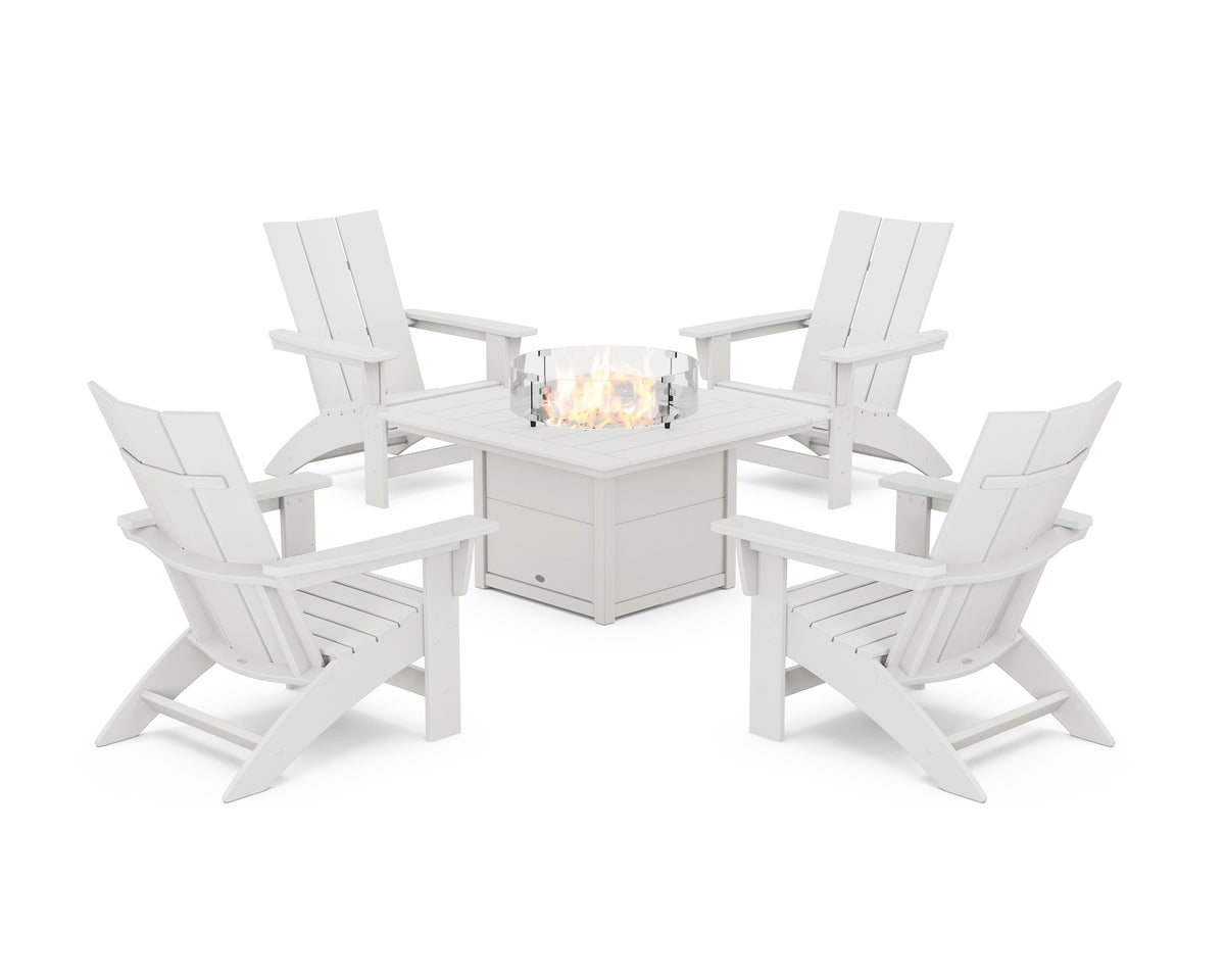POLYWOOD 5-Piece Modern Grand Adirondack Conversation Set with Fire Pit Table in Vintage White