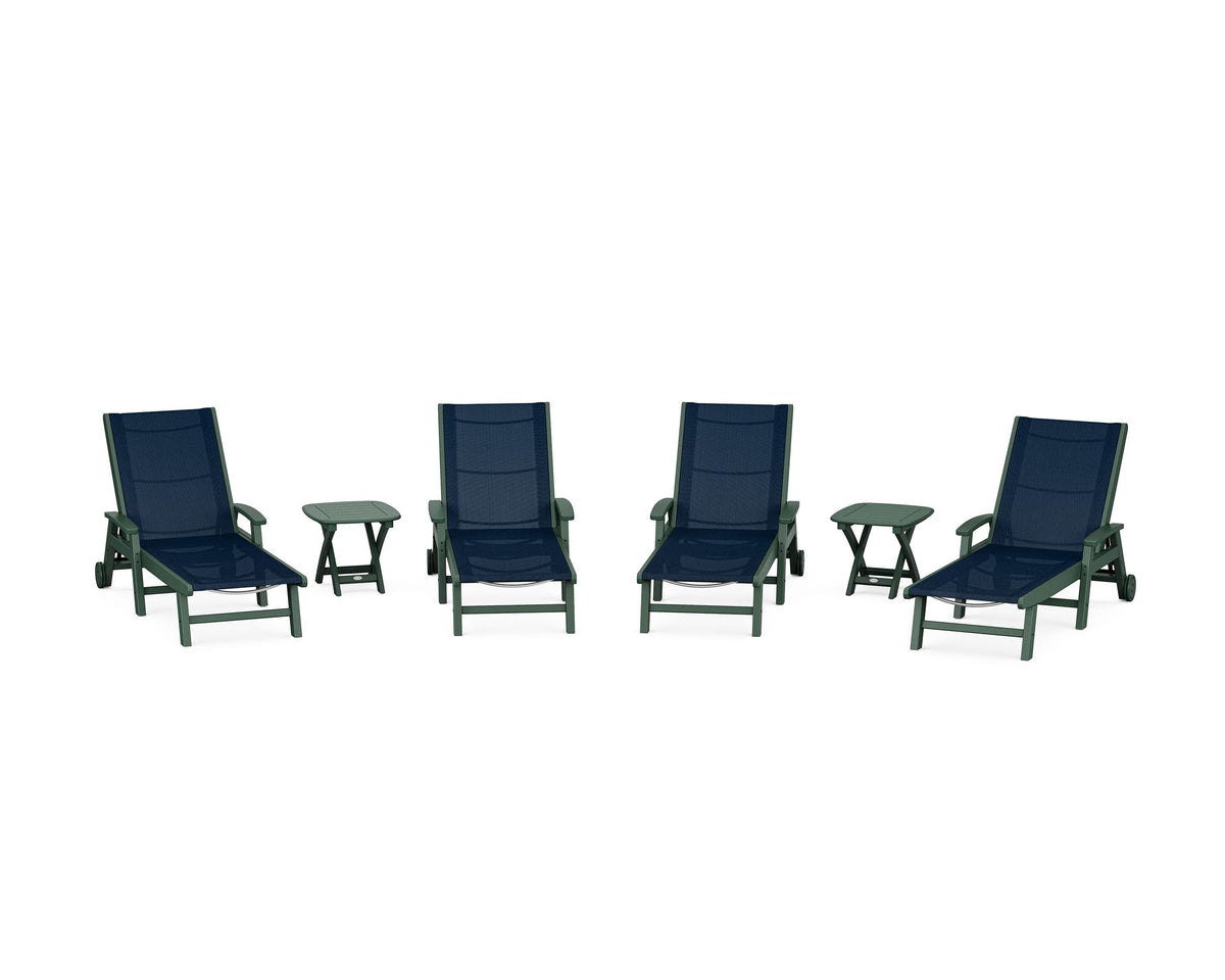 POLYWOOD Coastal Chaise 6-Piece Set with Wheels in Green / Navy Blue