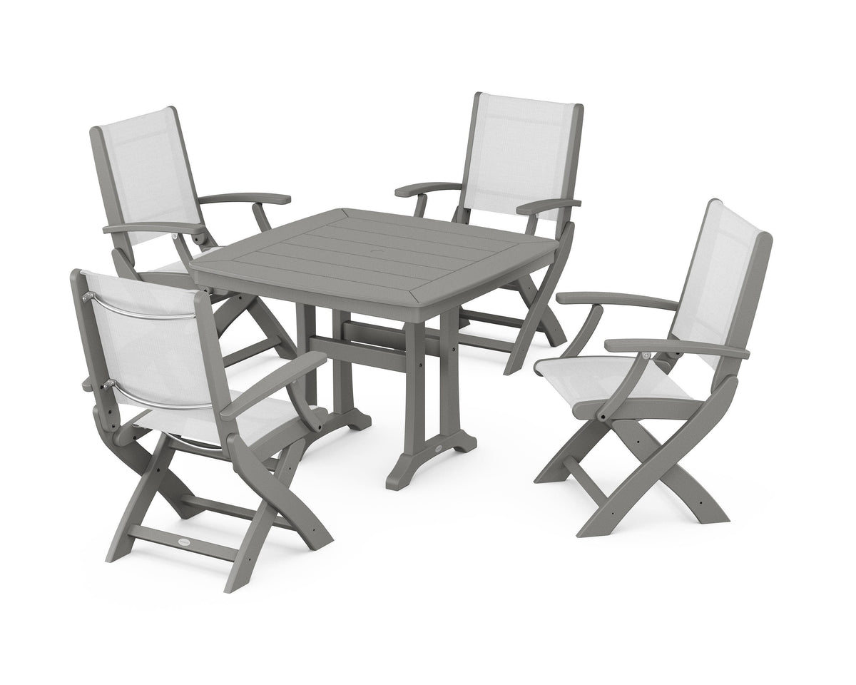 POLYWOOD Coastal Folding Chair 5-Piece Dining Set with Trestle Legs in Slate Grey / White