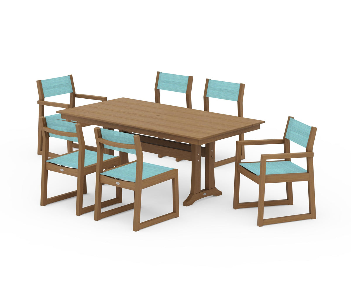 POLYWOOD EDGE Sling 7-Piece Farmhouse Trestle Dining Set in Natural / Dupioni Aquamarine