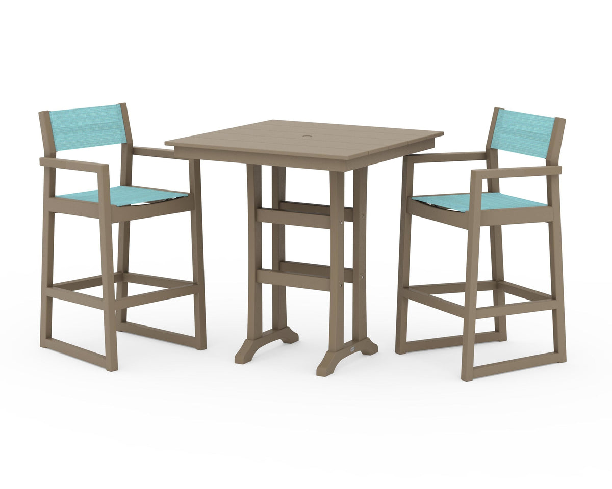 POLYWOOD EDGE Sling Arm Chair 3-Piece Farmhouse Bar Set with Trestle Legs in Vintage Sahara / Dupioni Aquamarine