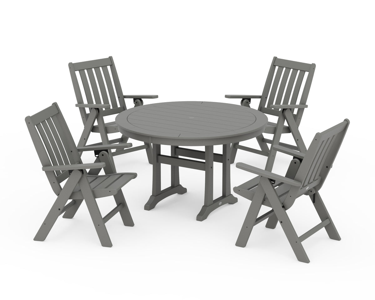 POLYWOOD Vineyard Folding Chair 5-Piece Round Dining Set with Trestle Legs in Slate Grey