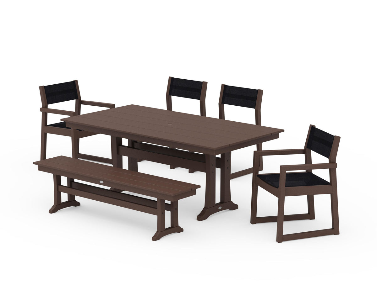 POLYWOOD EDGE Sling 6-Piece Farmhouse Dining Set With Trestle Legs in Mahogany / Black