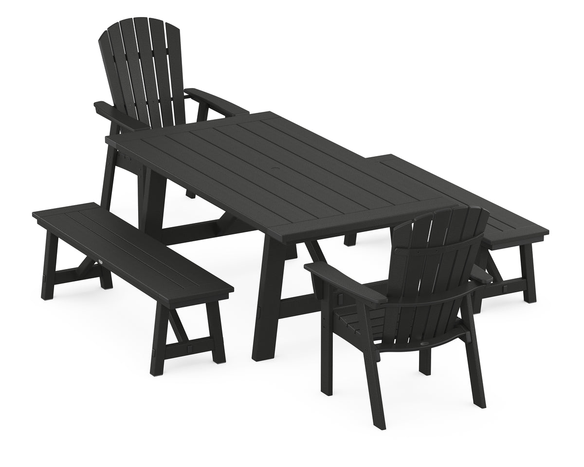 POLYWOOD Nautical Curveback Adirondack 5-Piece Rustic Farmhouse Dining Set with Benches in Black