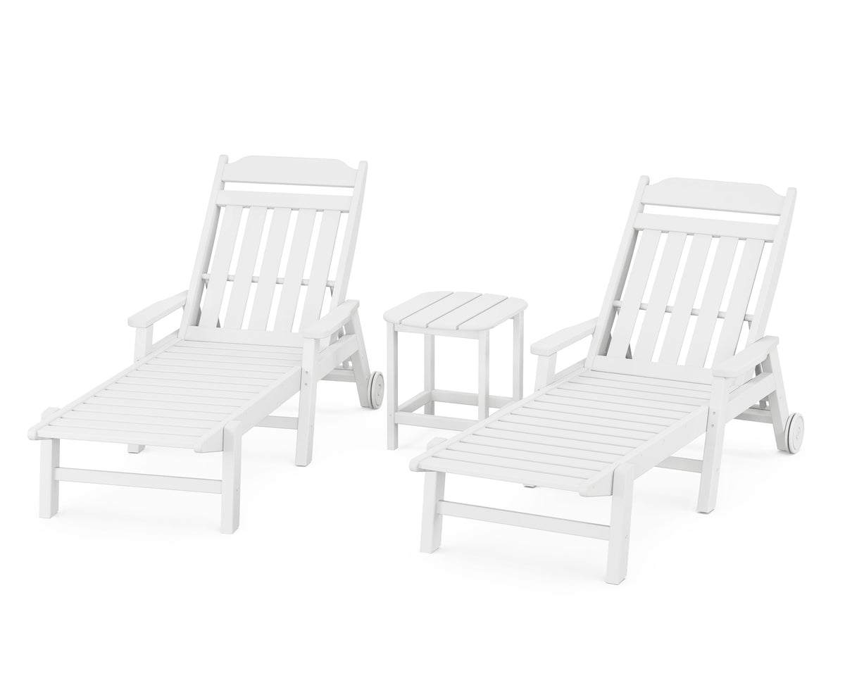 POLYWOOD Cottage 3-Piece Chaise Set with Arms and Wheels in White