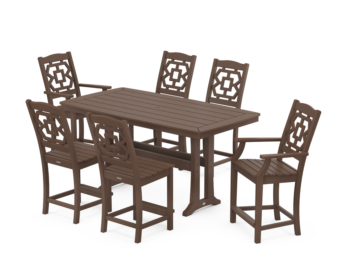 POLYWOOD Chinoiserie 7-Piece Counter Set with Trestle Legs in Mahogany