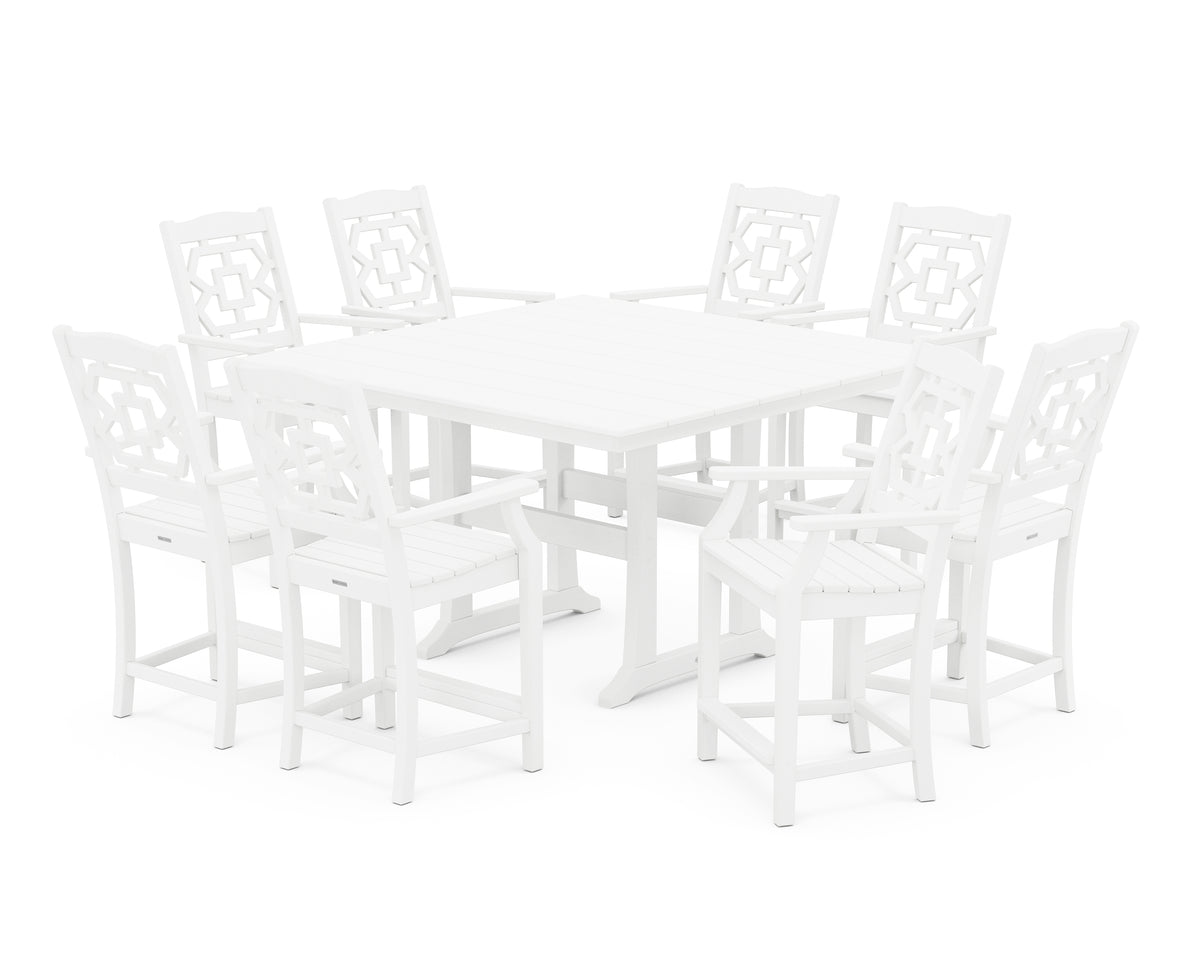 POLYWOOD Chinoiserie 9-Piece Square Farmhouse Counter Set with Trestle Legs in White