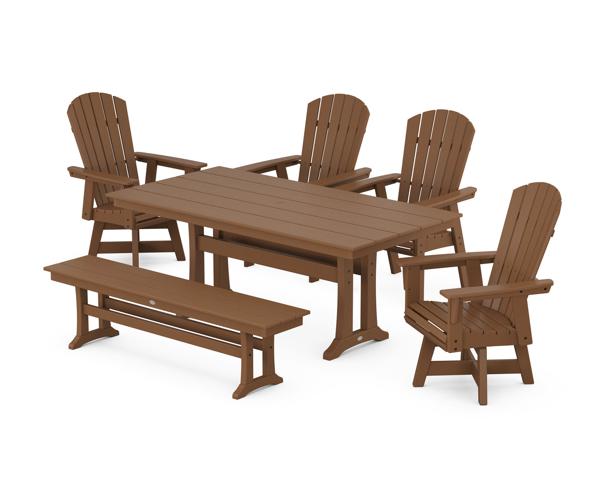 POLYWOOD Nautical Adirondack Swivel 6-Piece Farmhouse Dining Set with Trestle Legs in Teak