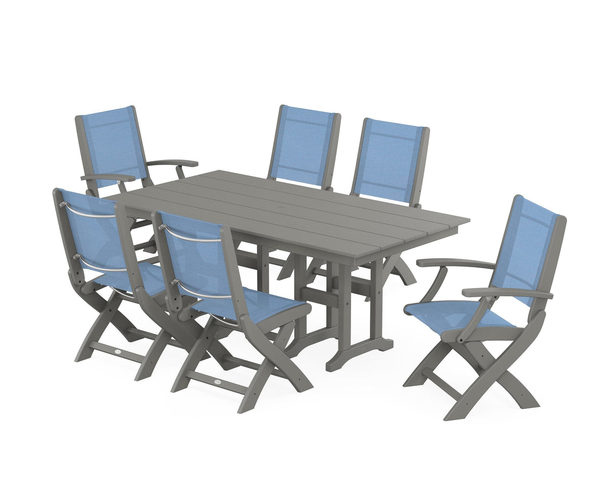 POLYWOOD Coastal Folding Chair 7-Piece Farmhouse Dining Set in Slate Grey / Poolside