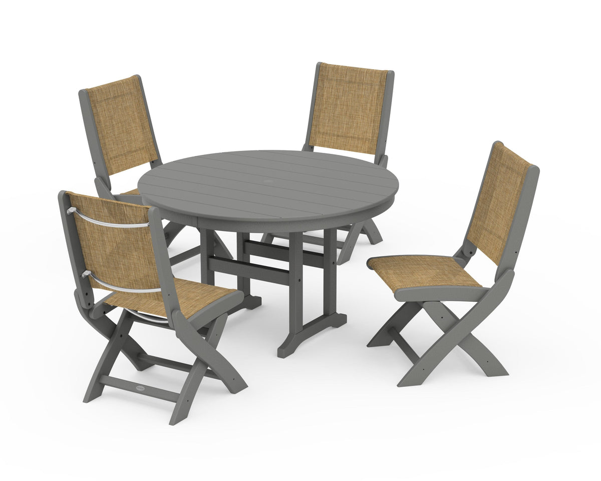 POLYWOOD Coastal Folding Side Chair 5-Piece Round Dining Set in Slate Grey / Burlap