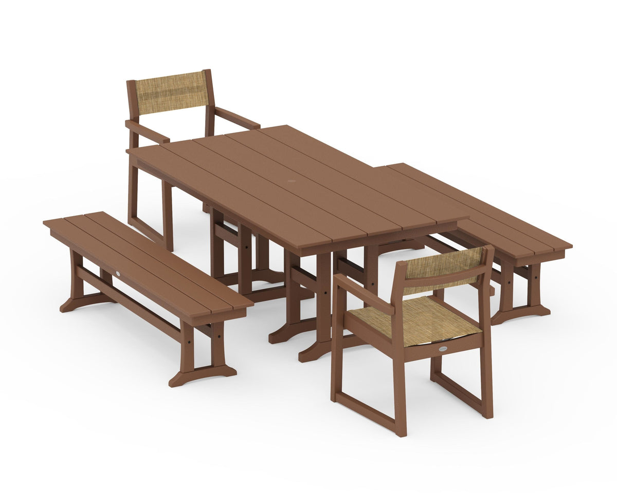 POLYWOOD EDGE Sling Arm Chair 5-Piece Farmhouse Dining Set with Benches in Teak / Burlap