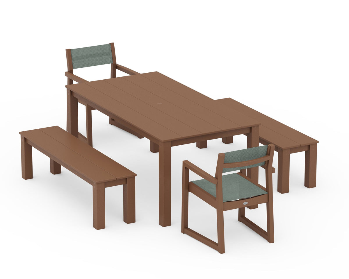 POLYWOOD EDGE Sling Arm Chair 5-Piece Parsons Dining Set with Benches in Teak / Dupioni Sea Mist