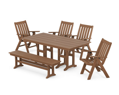 POLYWOOD Vineyard Folding Chair 6-Piece Farmhouse Dining Set with Bench in Teak