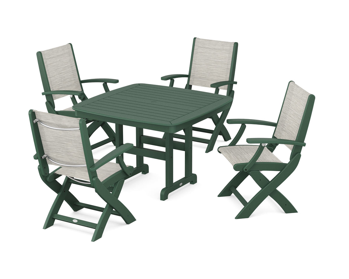 POLYWOOD Coastal Folding Chair 5-Piece Dining Set with Nautical 44" Dining Table in Green / Birch