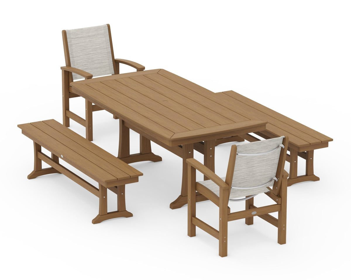 POLYWOOD Coastal 5-Piece Dining Set with Trestle Legs and Benches in Natural / Birch