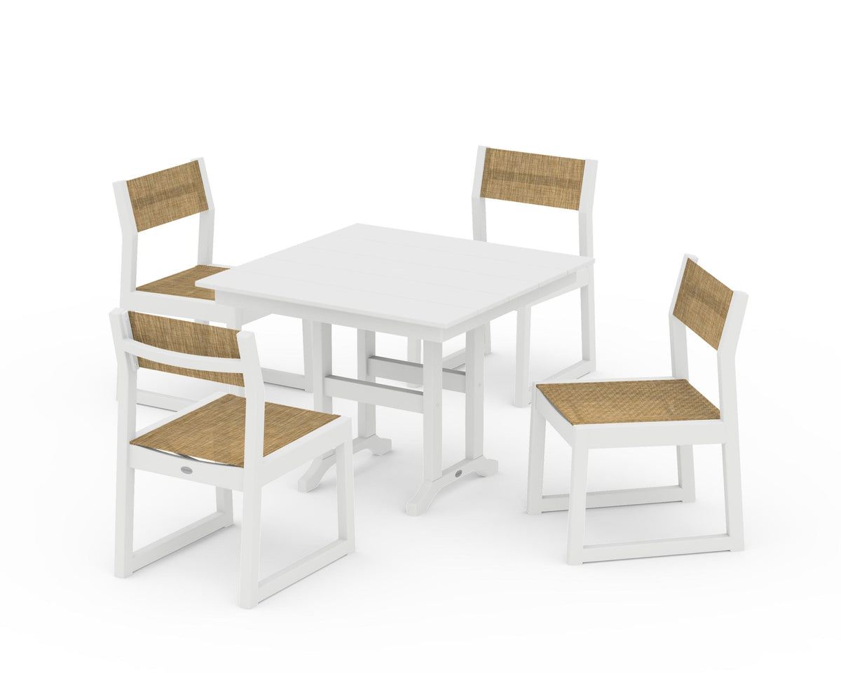 POLYWOOD EDGE Sling Side Chair 5-Piece Farmhouse Dining Set in White / Burlap