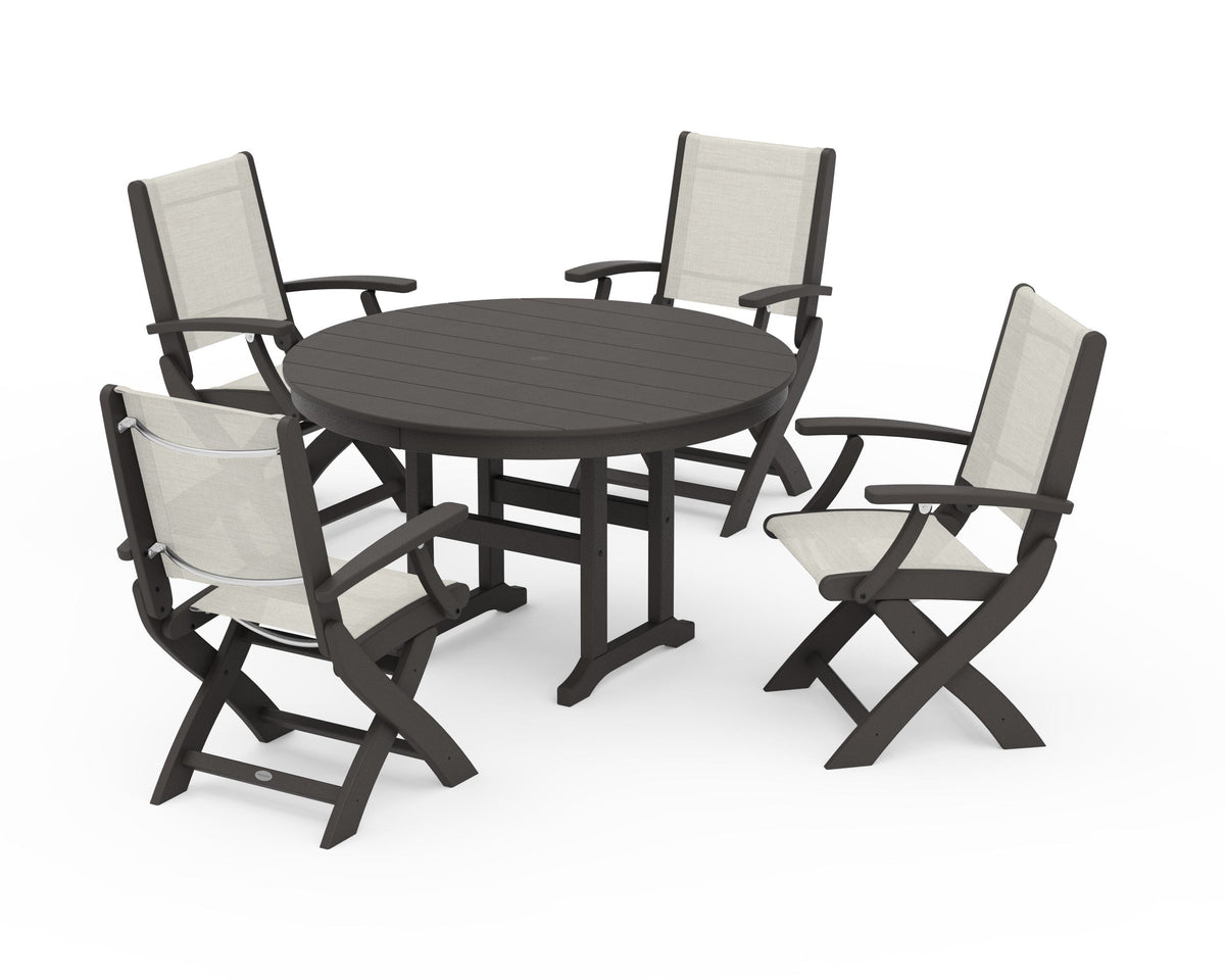 POLYWOOD Coastal Folding Chair 5-Piece Round Dining Set in Vintage Coffee / Parchment