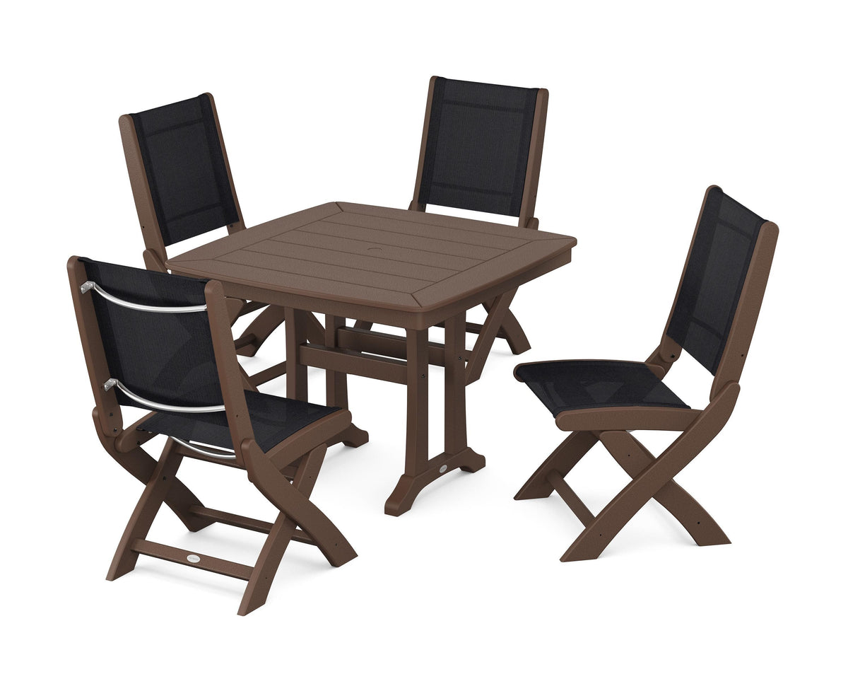 POLYWOOD Coastal Folding Side Chair 5-Piece Dining Set with Trestle Legs in Mahogany / Black