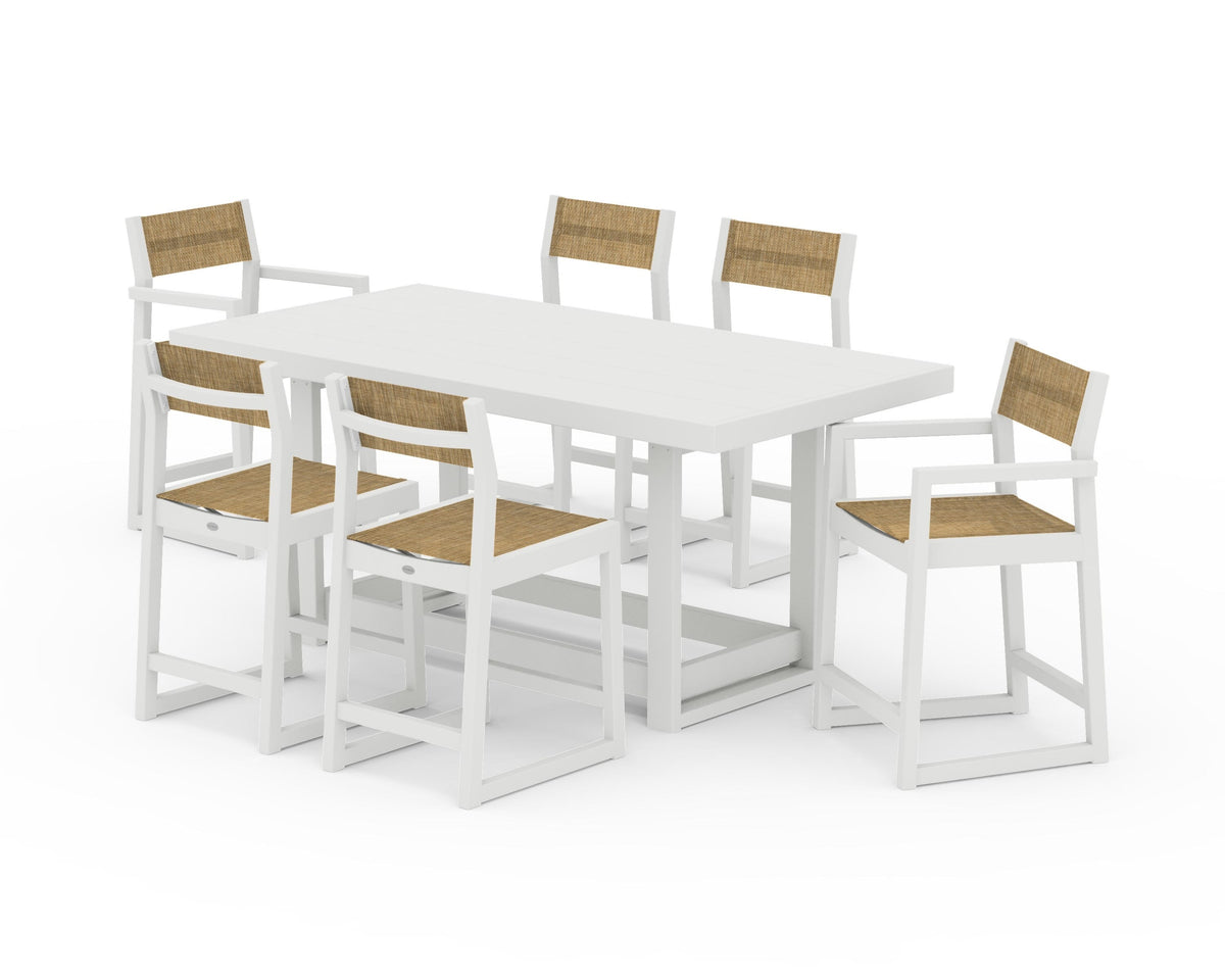 POLYWOOD EDGE Sling 7-Piece Counter Table Set in Vintage White / Burlap
