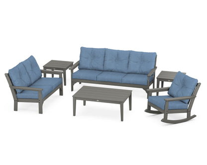 POLYWOOD Vineyard 6-Piece Deep Seating Set with Rocking Chair in Slate Grey / Sky Blue
