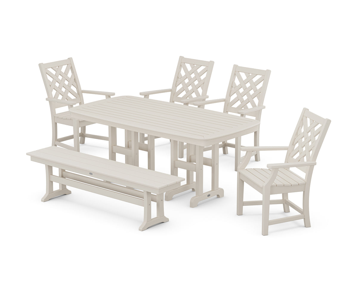 POLYWOOD Country Living Wovendale 6-Piece Farmhouse Dining Set with Bench with Nautical 37" x 72" Dining Table in Sand