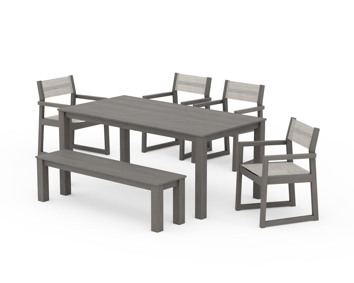 POLYWOOD EDGE Sling Arm Chair 6-Piece Parsons Dining Set with Bench in Driftwood / Birch
