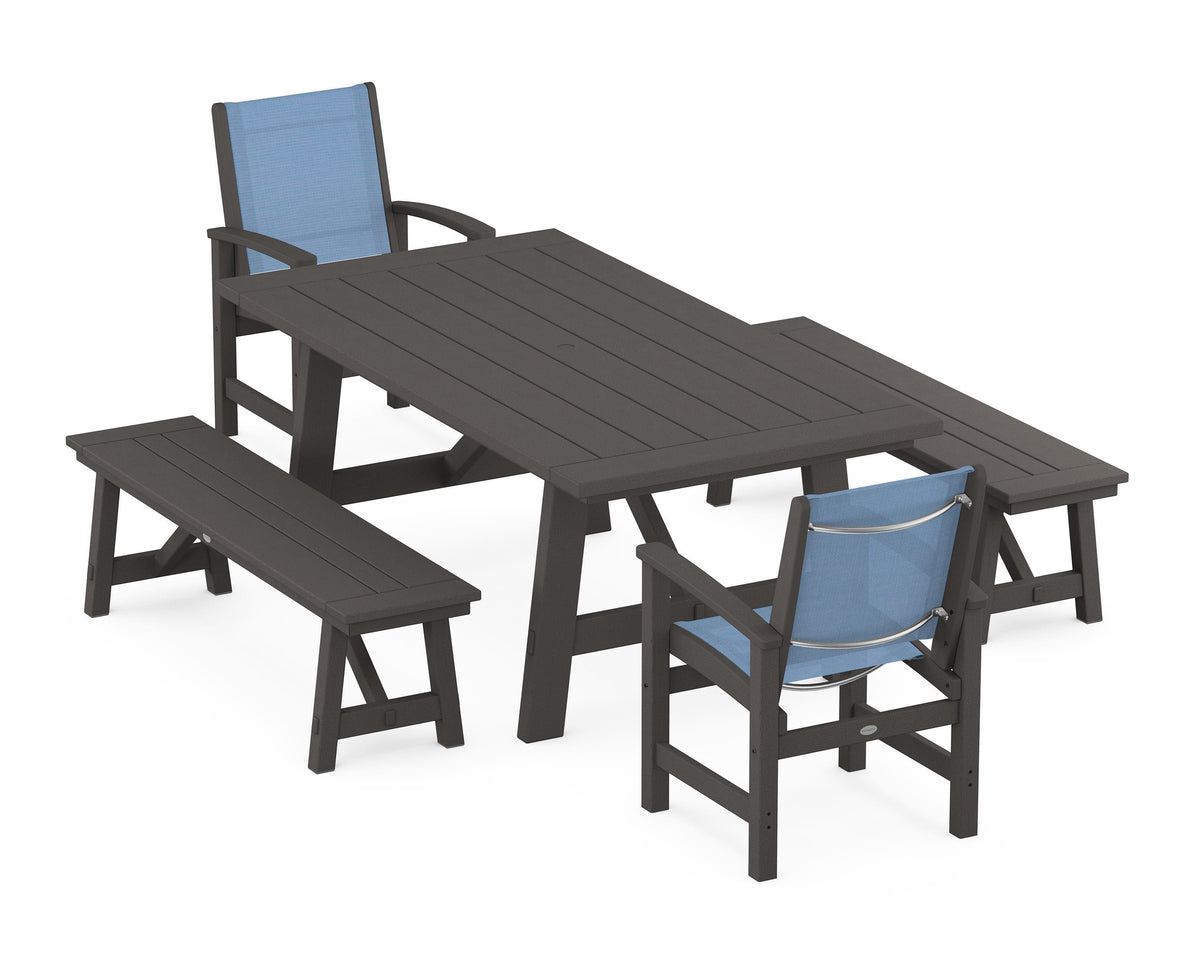 POLYWOOD Coastal 5-Piece Rustic Farmhouse Dining Set With Benches in Vintage Coffee / Poolside