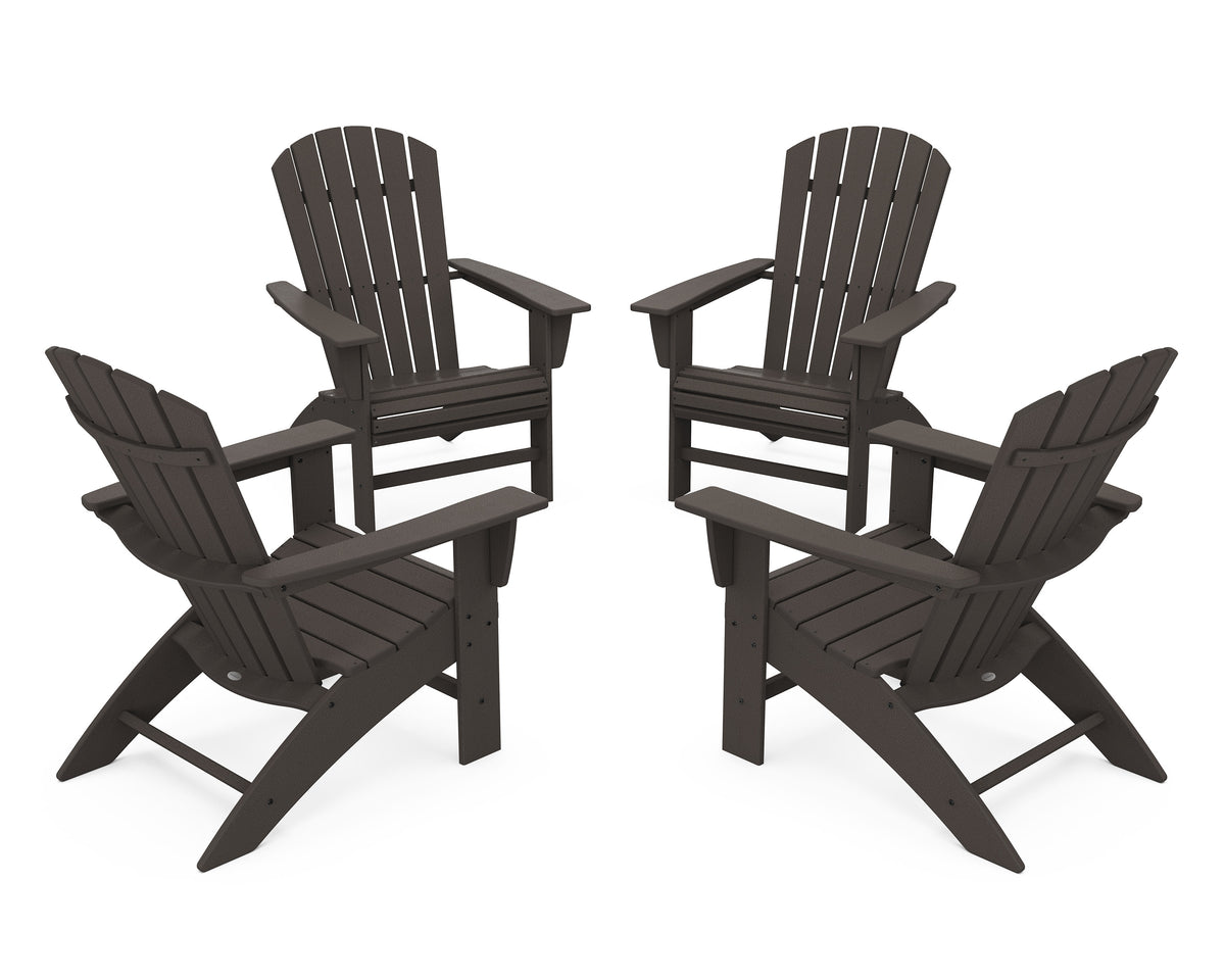 POLYWOOD 4-Piece Nautical Curveback Adirondack Chair Conversation Set in Vintage Coffee