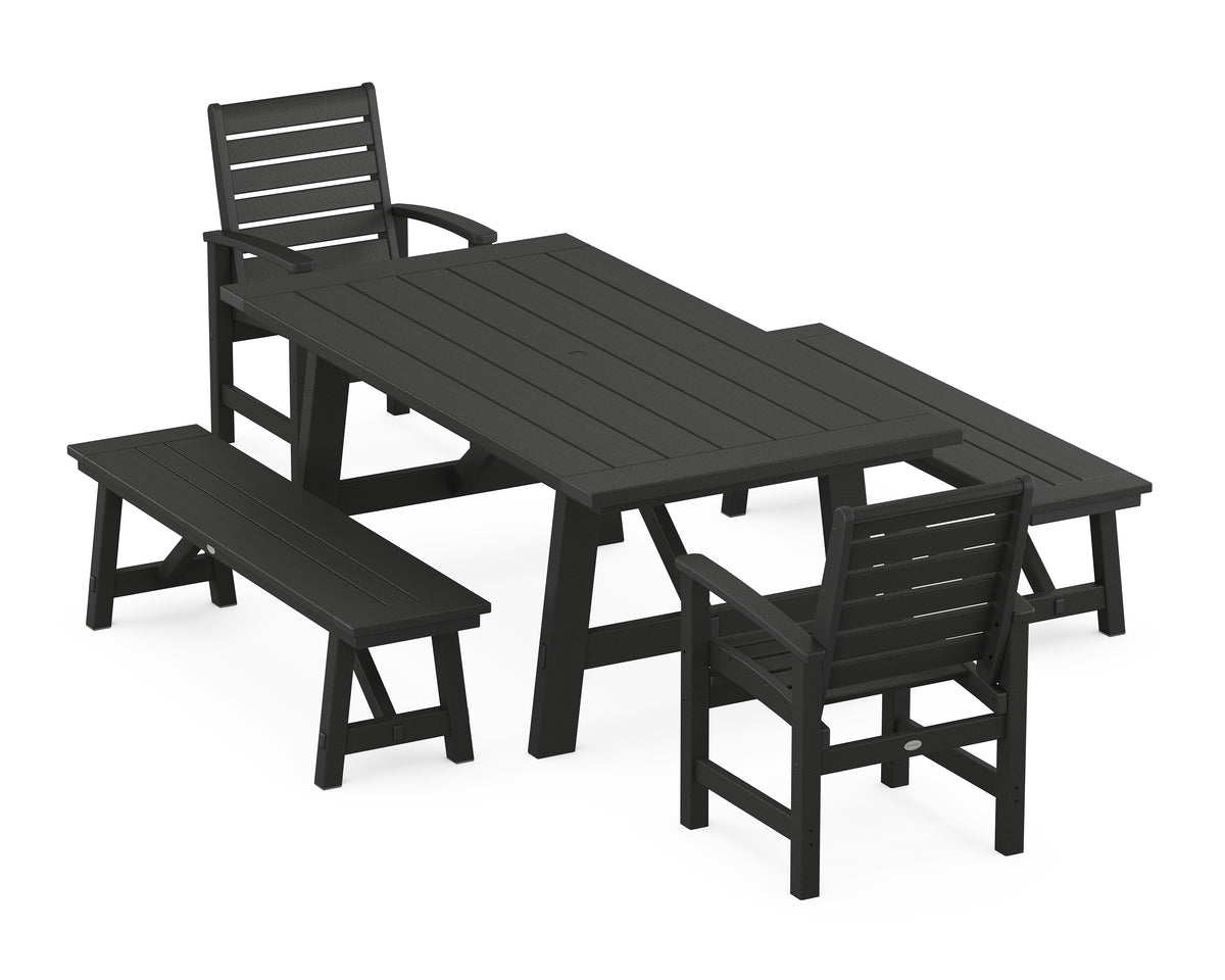 POLYWOOD Signature 5-Piece Rustic Farmhouse Dining Set with Benches in Black