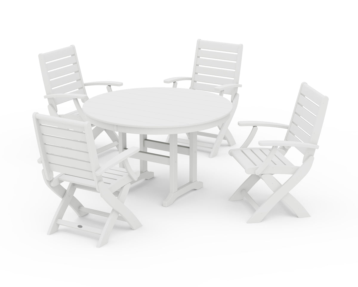 POLYWOOD Signature Folding Chair 5-Piece Round Farmhouse Dining Set in White