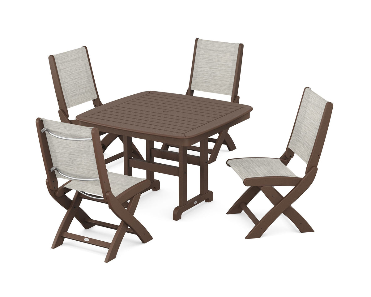 POLYWOOD Coastal Folding Side Chair 5-Piece Dining Set with Nautical 44" Dining Table in Mahogany / Birch