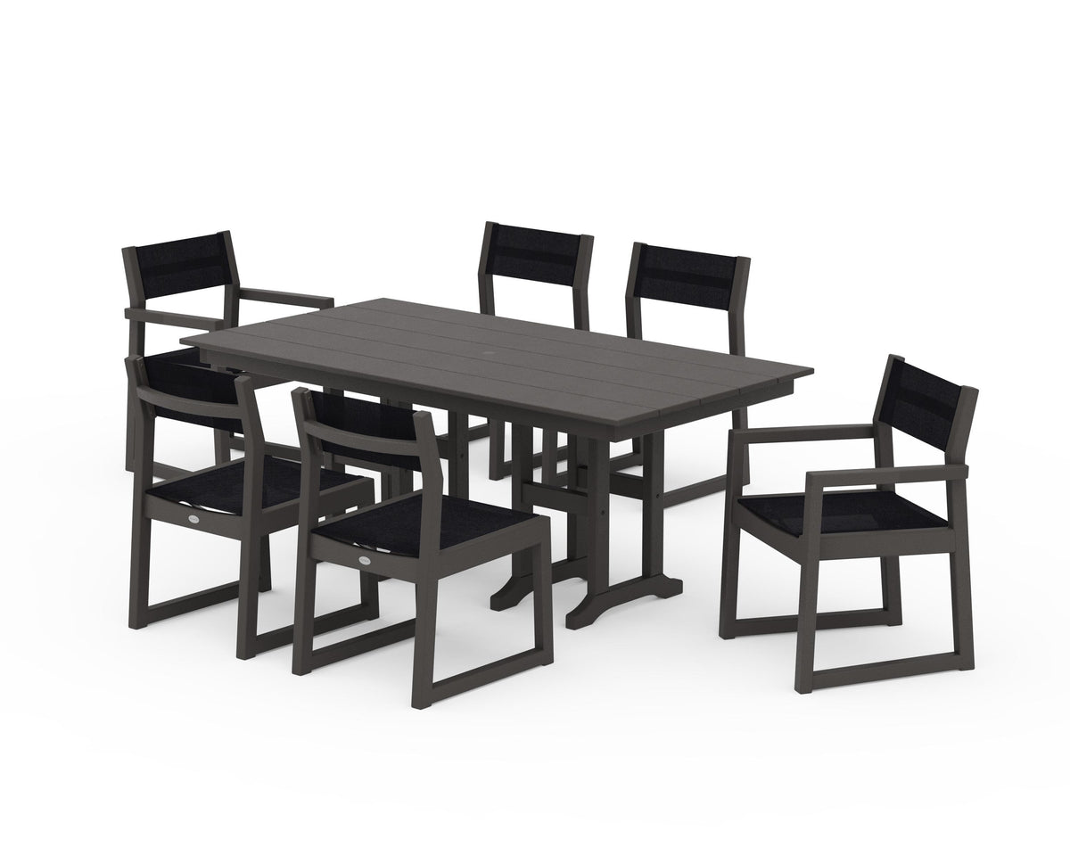 POLYWOOD EDGE Sling 7-Piece Farmhouse Dining Set in Vintage Coffee / Black
