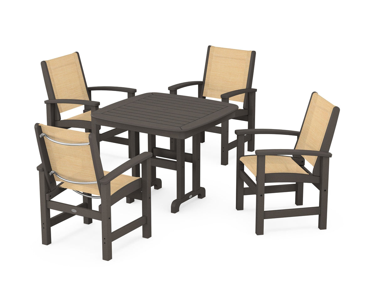POLYWOOD Coastal 5-Piece Dining Set with Nautical 37" Dining Table in Vintage Coffee / Dupioni Apricot