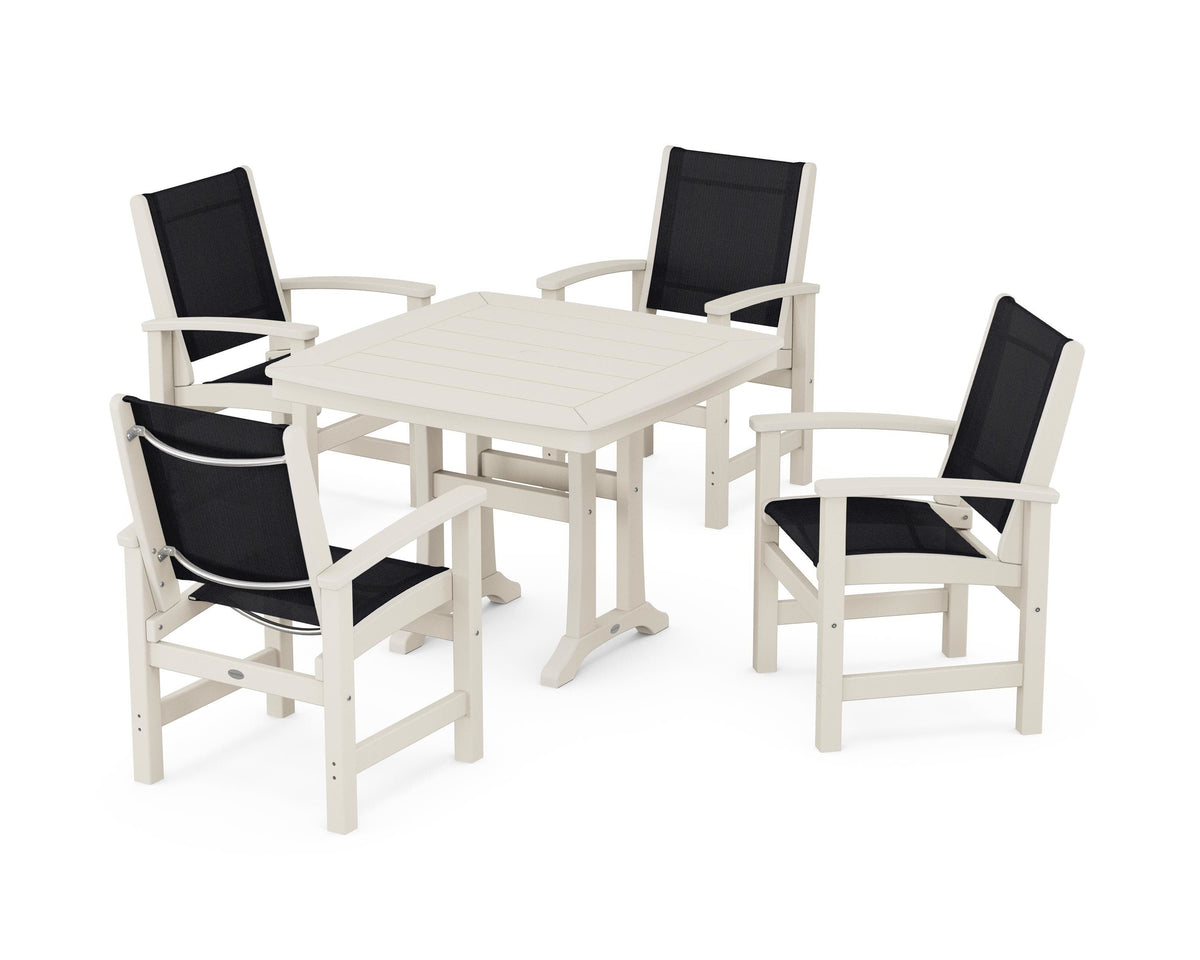 POLYWOOD Coastal 5-Piece Dining Set with Trestle Legs with Nautical Trestle 37" Dining Table in Sand / Black