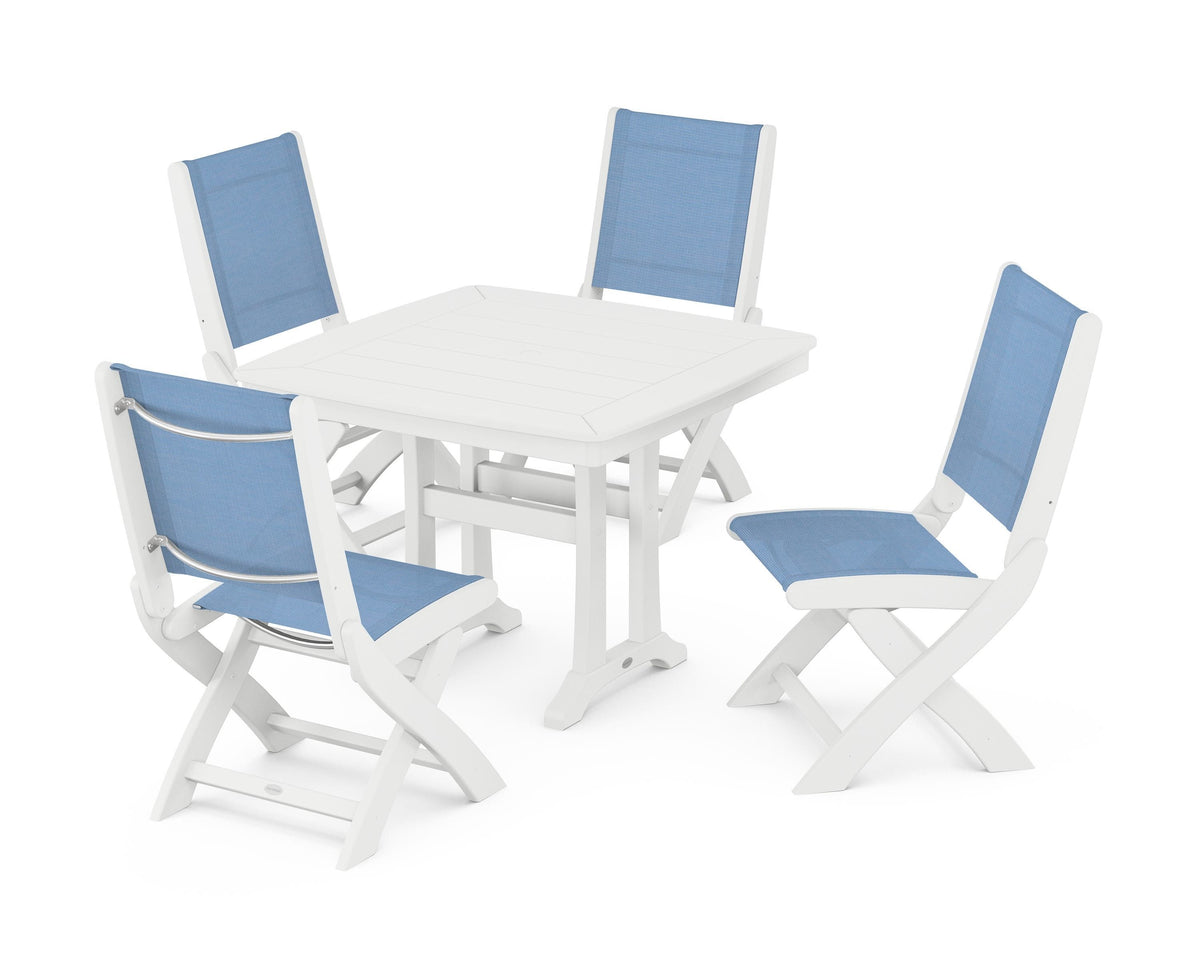 POLYWOOD Coastal Folding Side Chair 5-Piece Dining Set with Trestle Legs in White / Poolside