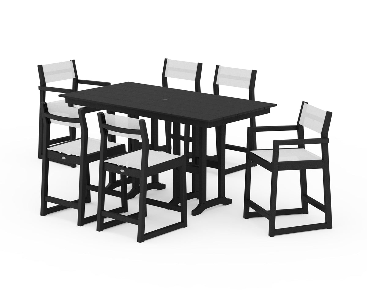 POLYWOOD EDGE Sling 7-Piece Farmhouse Counter Set with Trestle Legs in Black / White